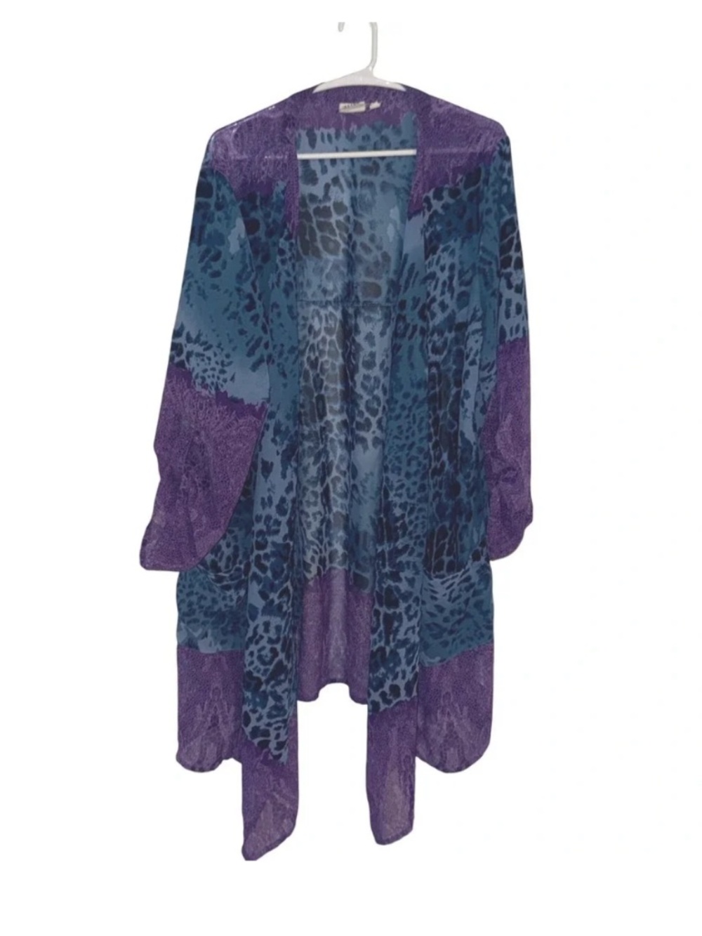 Truth + Style Purple Blue Leopard Print Sheer Open Front Kimono Duster 1X